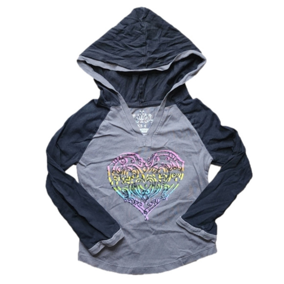 1989 PLACE Black and Grey Hooded Tee with Multi-color Heart Design - Picture 1 of 2